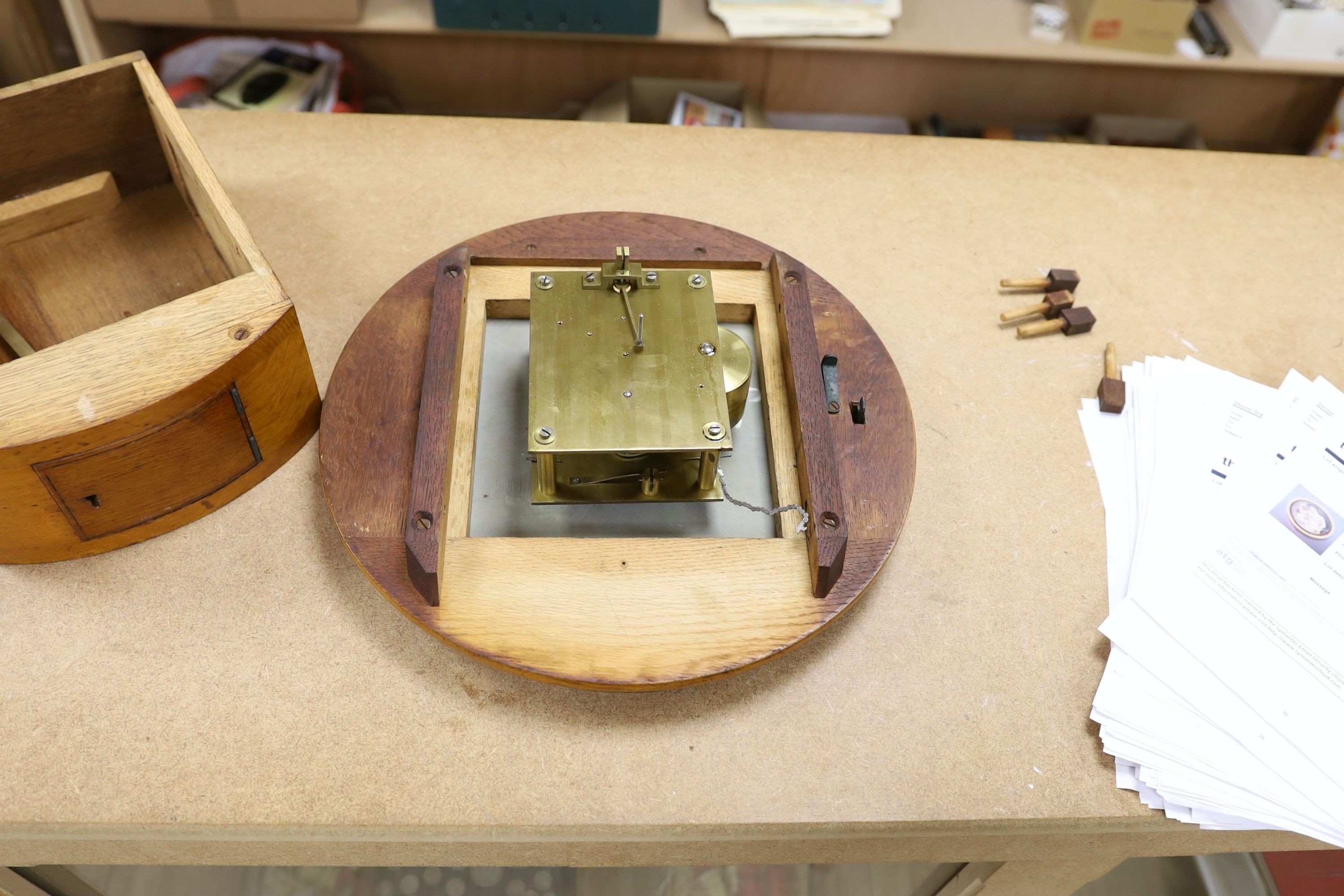 A Victorian oak-cased dial clock, signed JW Benson, London, 38 cms diameter.